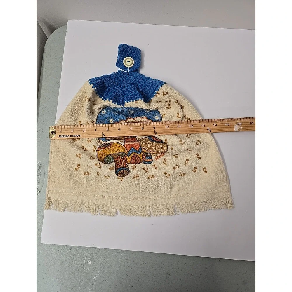 VTG Mushroom RAB Blue Crochet Hanging Dish Towel READ